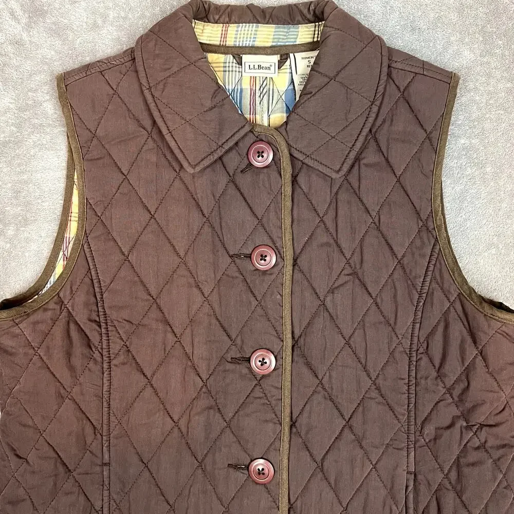 LL Bean Quilted Vest Womens S Brown Plaid‎ Lined Button Front Collared Thermal
